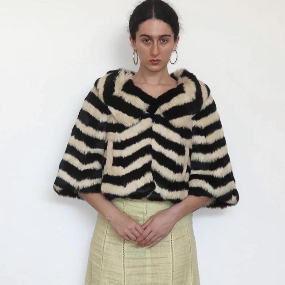 Grand Table Black and Ivory White Fur Cropped Jacket Coat